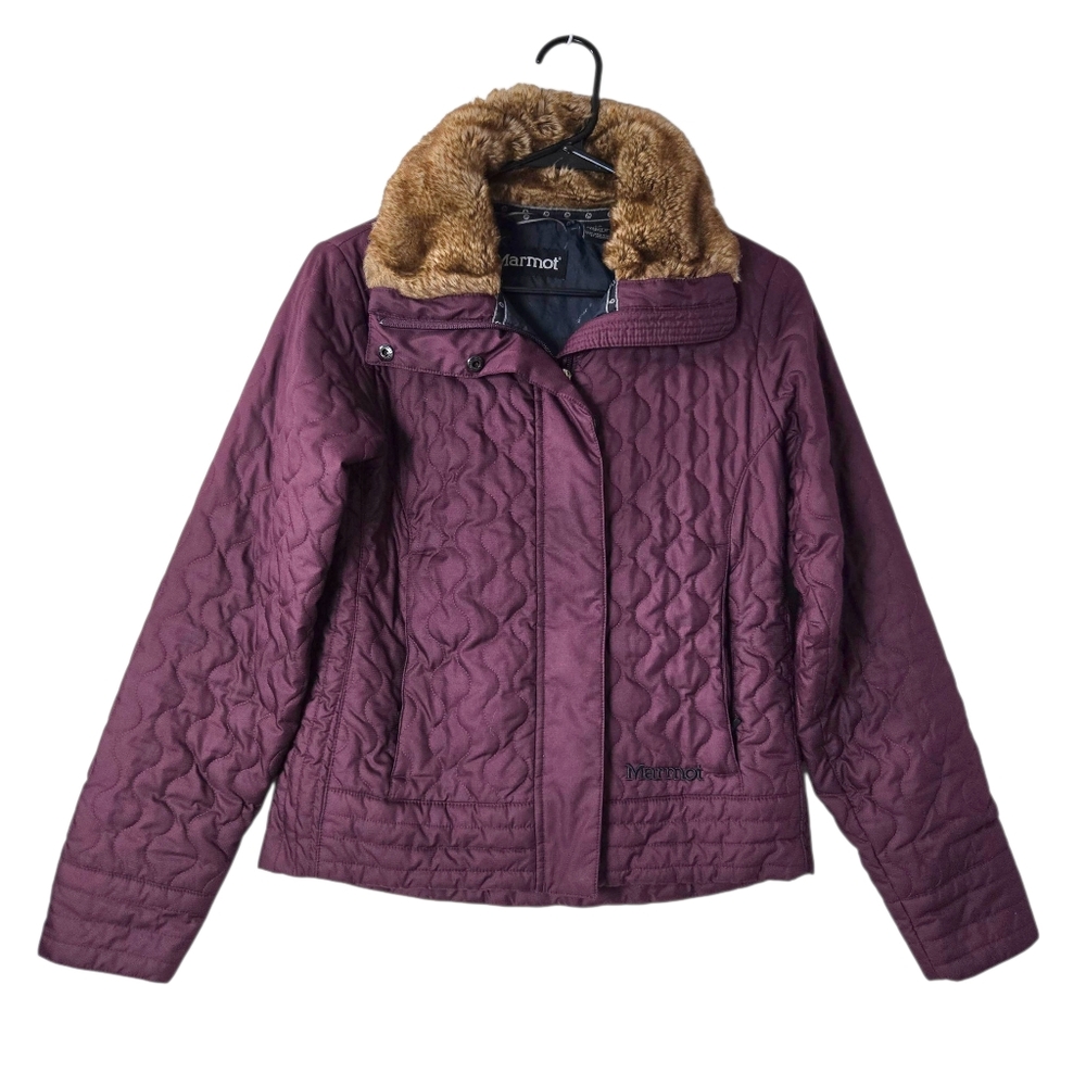 Marmot Women's St Moritz Quilted Puffer Jacket Faux Fur Collar Burgundy Small